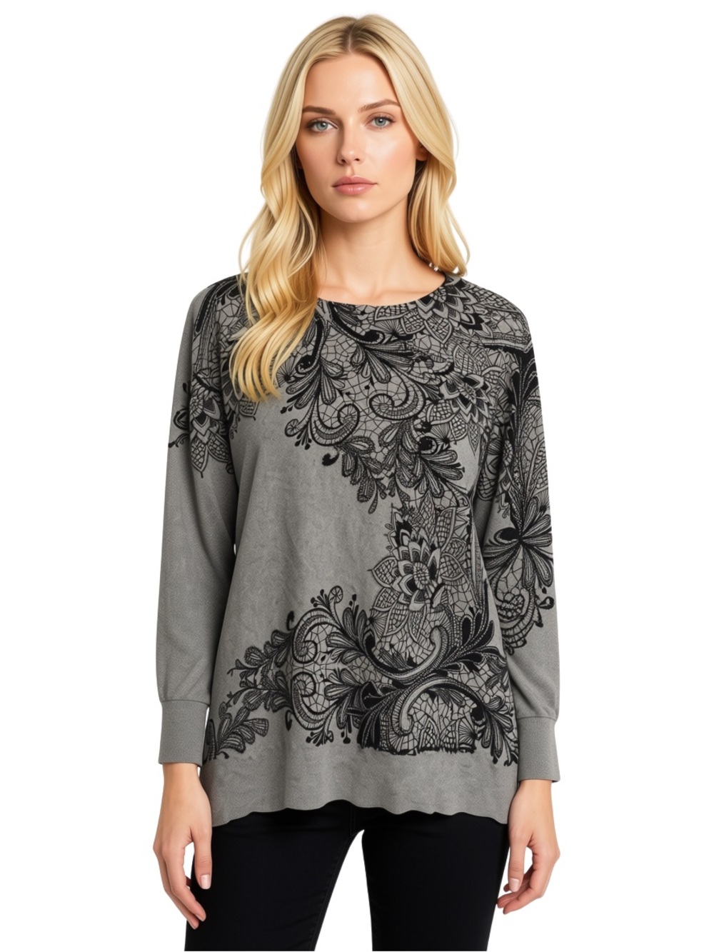 Grey Floral Scroll Knit Pullover Sweater w/crystals